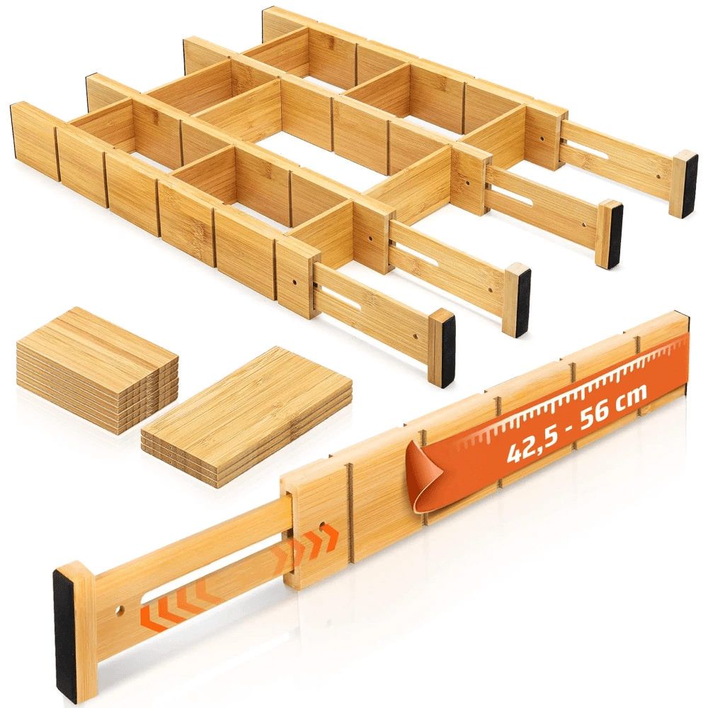 Interlook Organizér do zásuvek nábytku | Nastavitelný oddělovač zásuvek | Bambusový oddělovač s 9 přepážkami | KBT-W566 5159