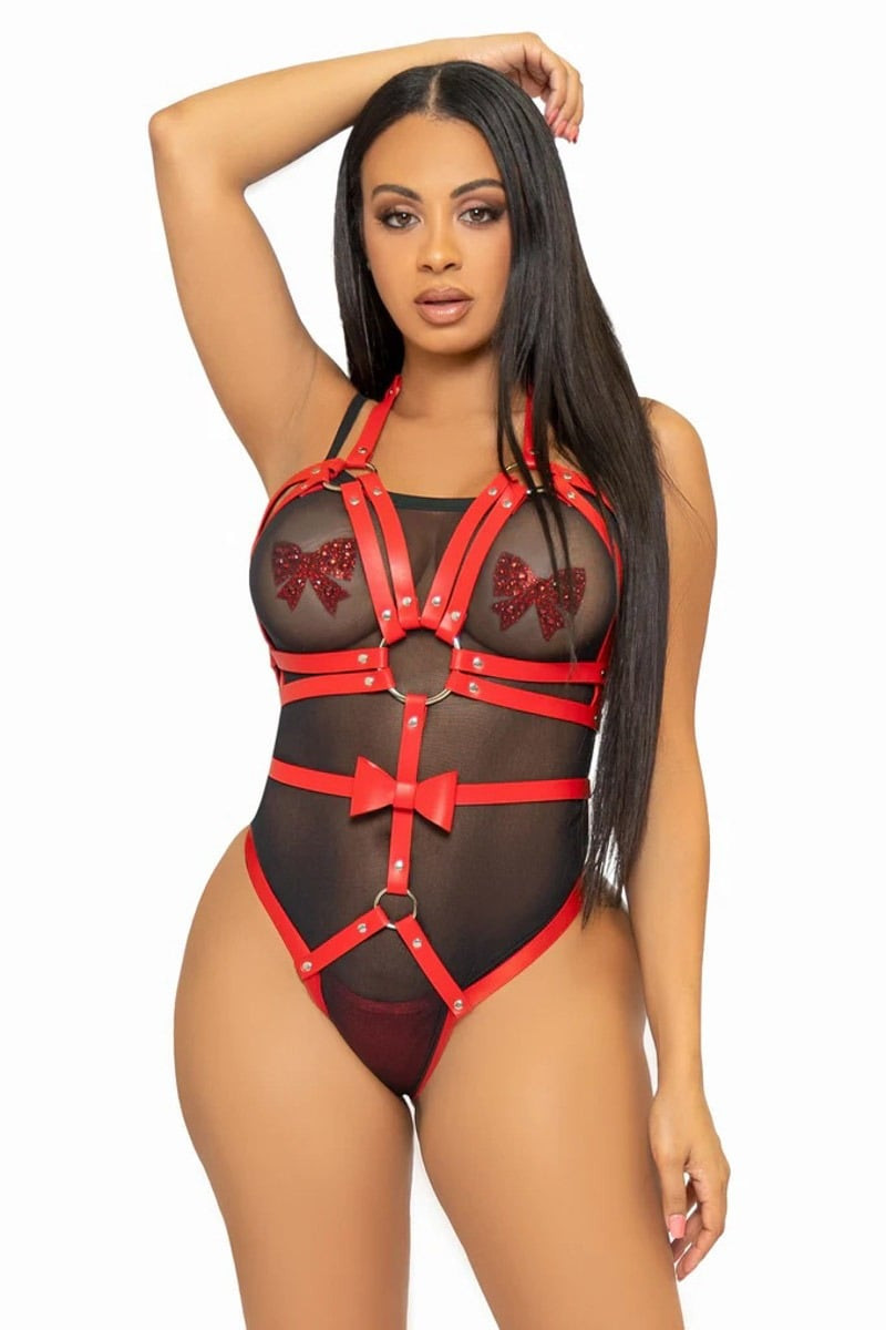 Červené harness body z eko kůže KI4037
