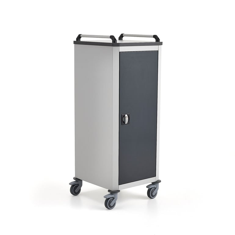 Skříň na dobíjení REVIEW, s kolečky, 1340x515x540 mm, šedá s černými dveřmi