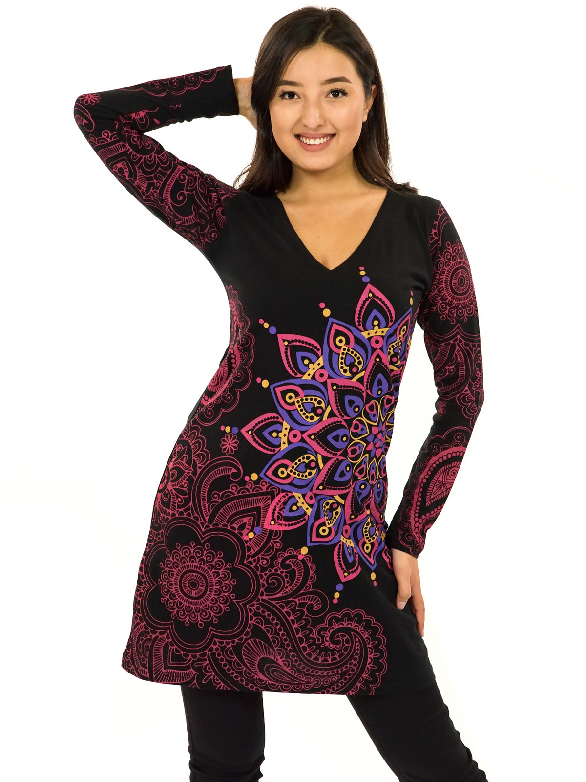 Himalife Šaty s dlouhým rukávem Angama - černá s růžovou Velikost: XXL