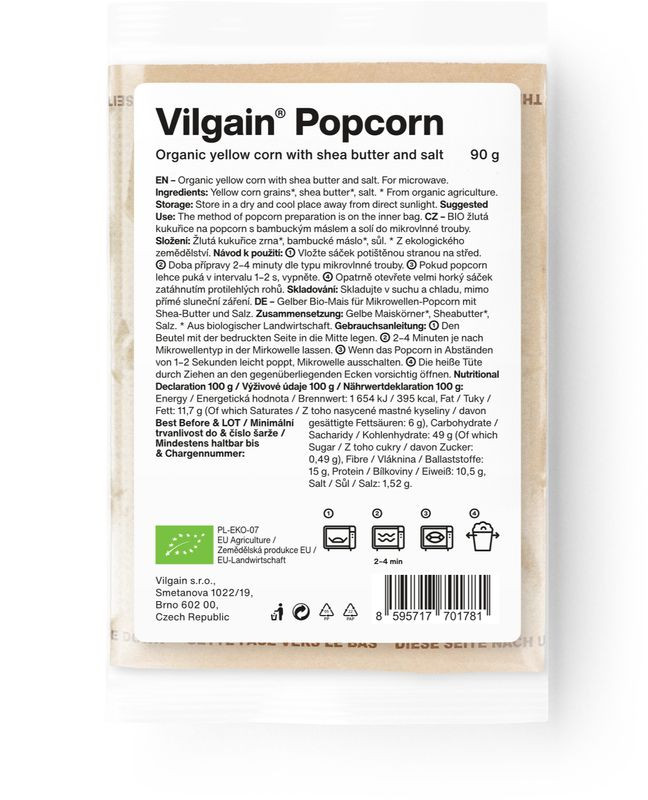 Vilgain Popcorn do mikrovlnky BIO – solený ze žluté kukuřice 90 g