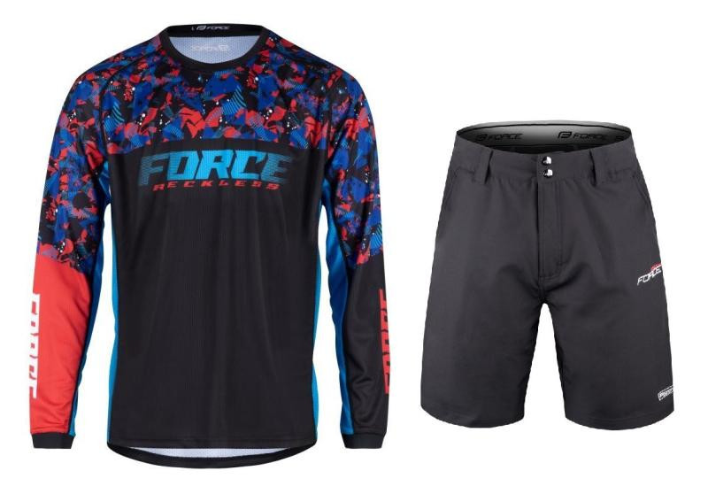 Force RECKLESS černo-červeno-modrý mtb dres + Force BLADE MTB černé cyklokraťasy