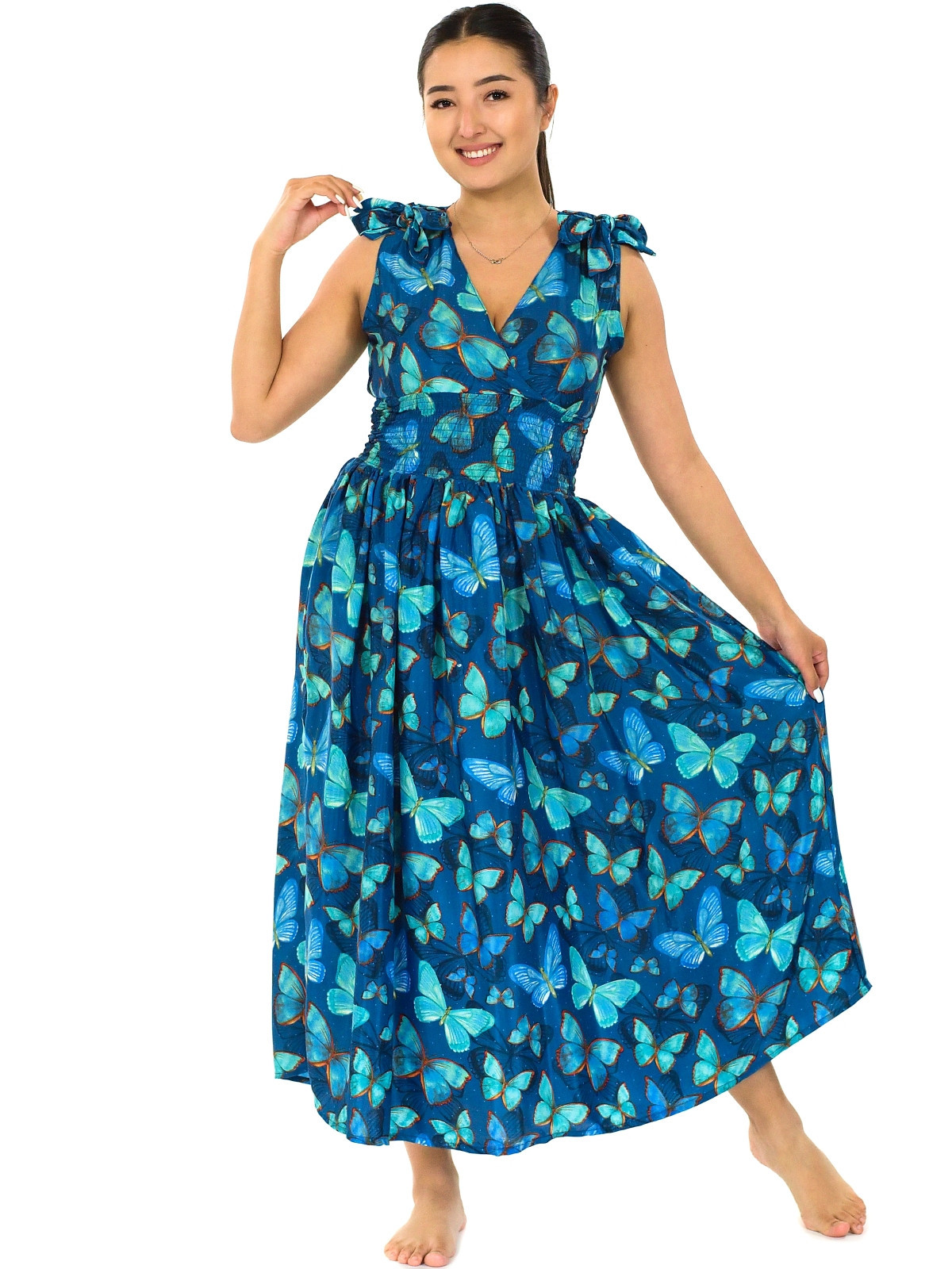 Himalife Šaty se širokými ramínky Motýli - modrá s tyrkysovou Velikost: S/M