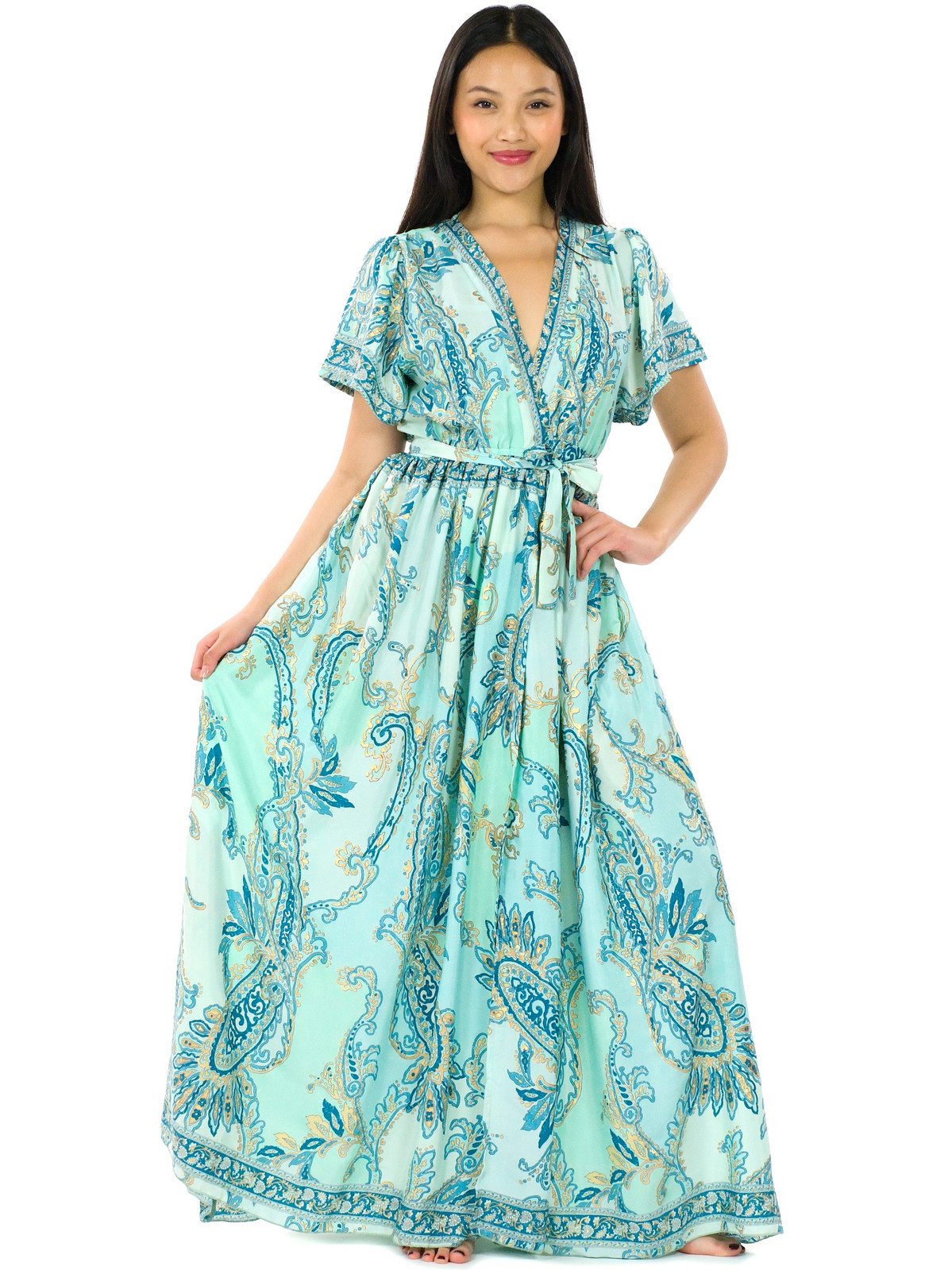 Himalife Dlouhé zavinovací šaty Paisley - tyrkysová s modrou a zlatou Velikost: XXL/3XL