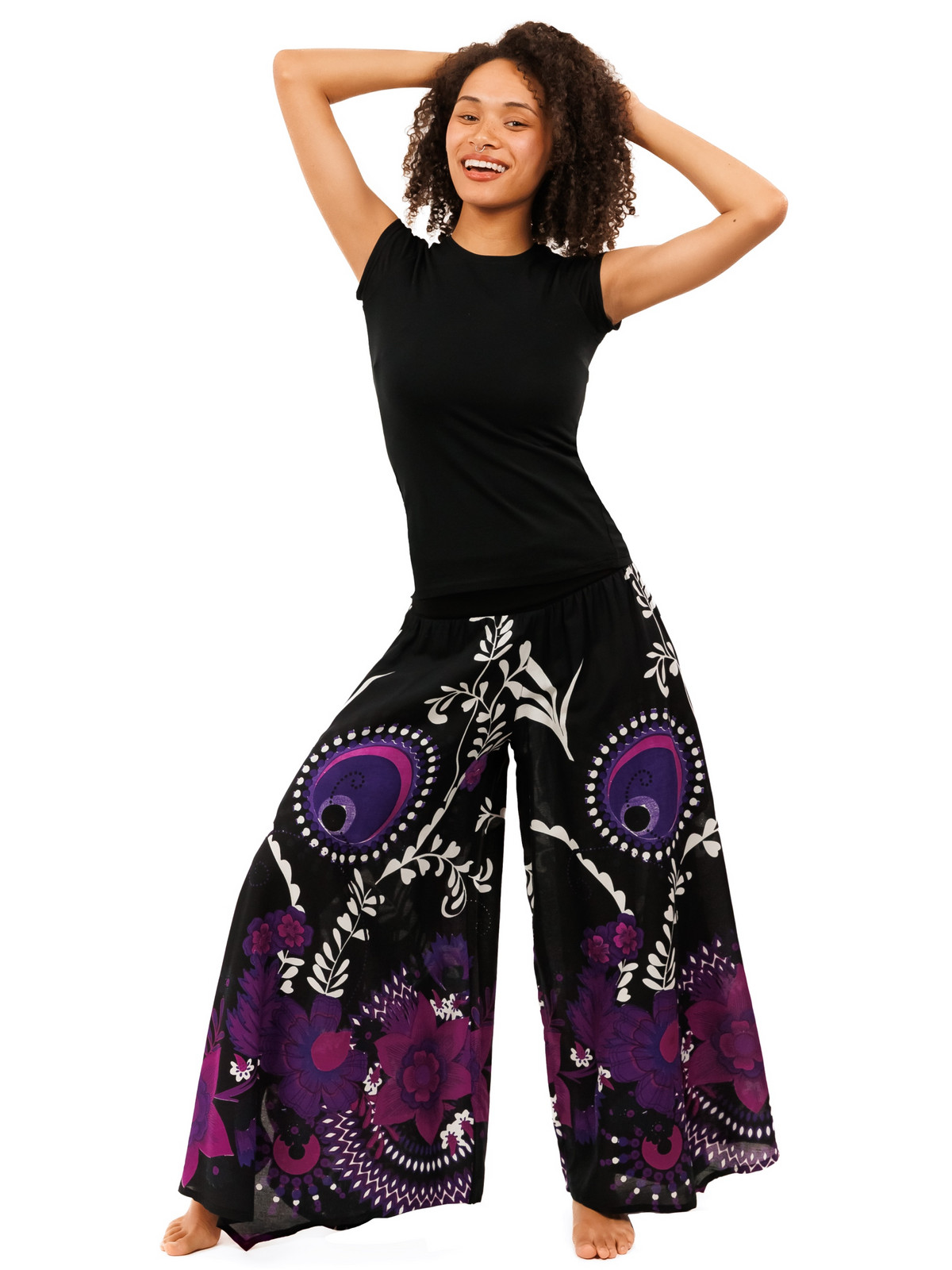 Himalife Široké kalhoty Tika - černé s fialovou Velikost: S/M