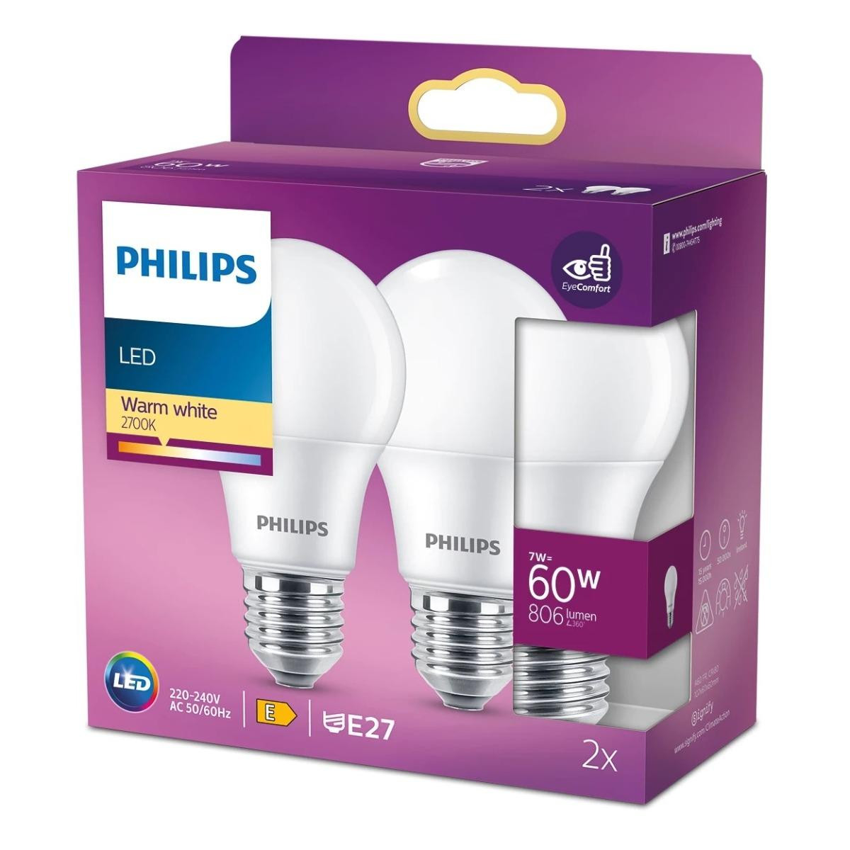 2x LED žárovka LED E27 A60 7W = 60W 806lm 2700K Teplá bílá 150° PHILIPS PHICLAJ1042