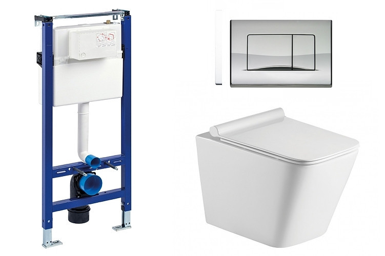 Liv-Fluidmaster Wc set Square Gips podmítková nádrž do sádrokartonu, mísa, sedátko a tlačítko lesk. chrom 195870 - SET(223468, OLKLT052E, 195870)