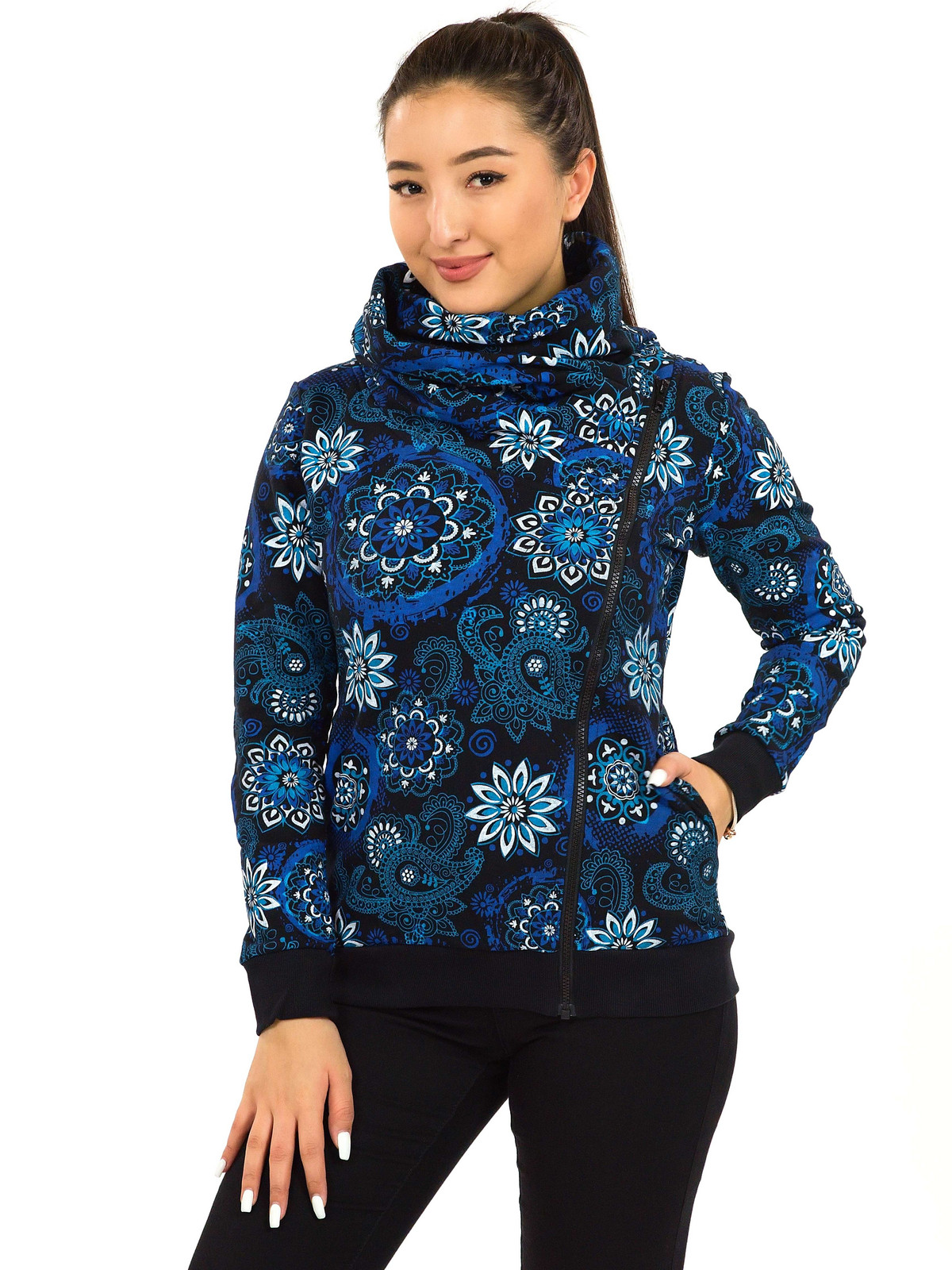 Himalife Hřejivá mikina na zip s maxi límcem Tonga - černá s tyrkysovou a modrou Velikost: 3XL