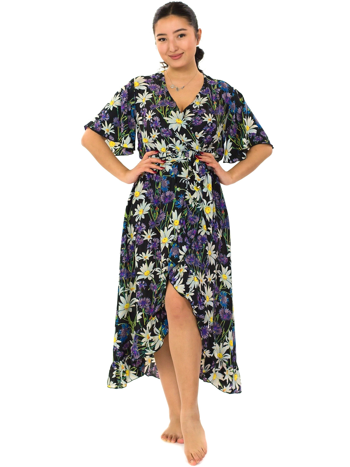 Himalife Šaty s volány Kopretiny - černá s bílou a fialovou Velikost: S/M