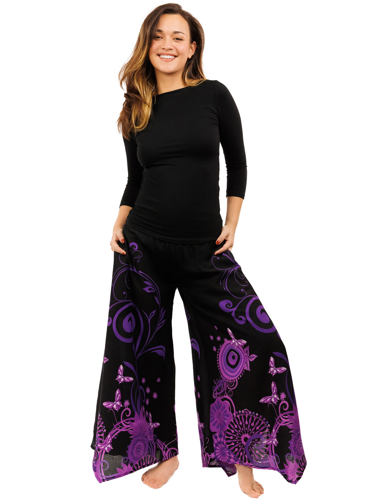 Himalife Široké kalhoty Suwa - černá s fialovou Velikost: 2XL/3XL