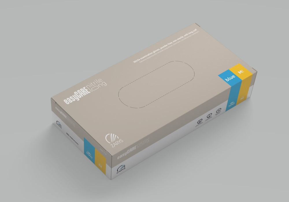 Rukavice nitrilové prodloužené easyCARE LONG, 100 ks, modré, nepudrované Rozměr: M