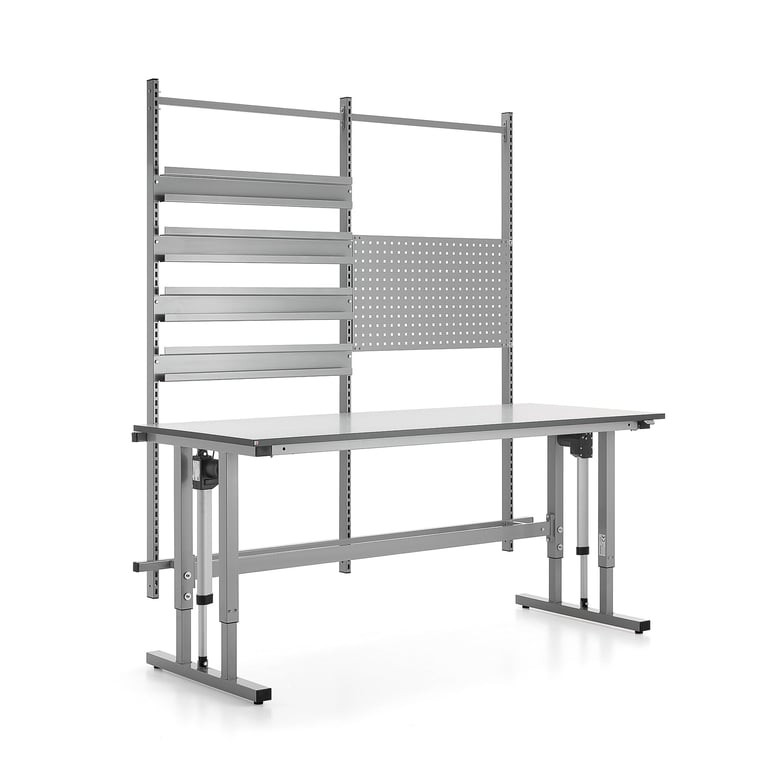 Výškově nastavitelný pracovní stůl MOTION, 400 kg, 2000x800 mm, s panelem na nářadí a závěsnými lišt