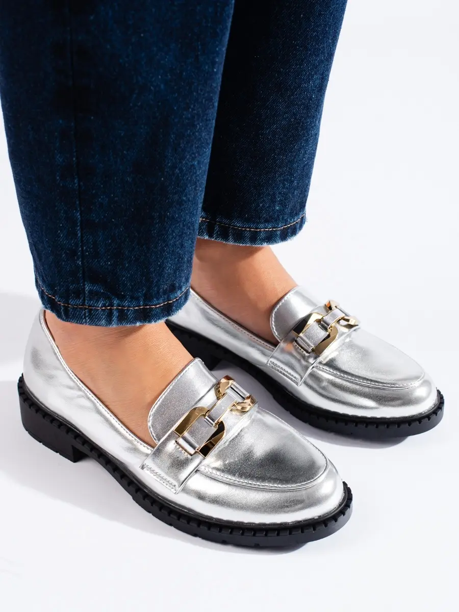 Výborné stříbrné mokasíny dámské na platformě