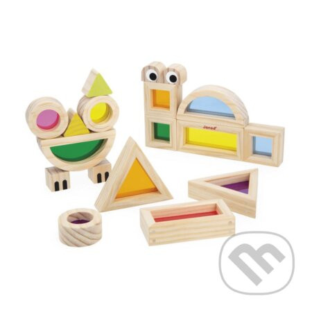 Janod Sensory Drevená stavebnica s farebnými sklíčkami a predlohami 12 ks - Janod