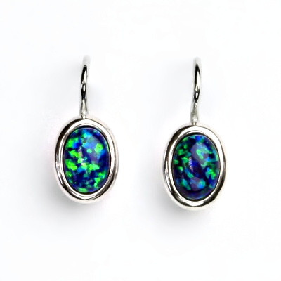 Stříbrné náušnice, zelený syntetický opál, náušnice s opálem, NK 1354