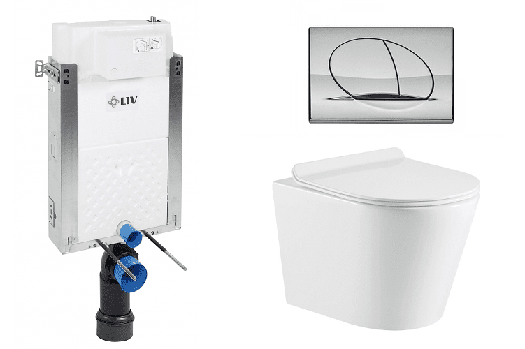 Liv-Fluidmaster Wc set Ring II Wall podmítková nádrž do zdiva, rimless mísa, sedátko a tlačítko lesklý chrom 195872 - SET(195872, 669931, OLKLT053ER)