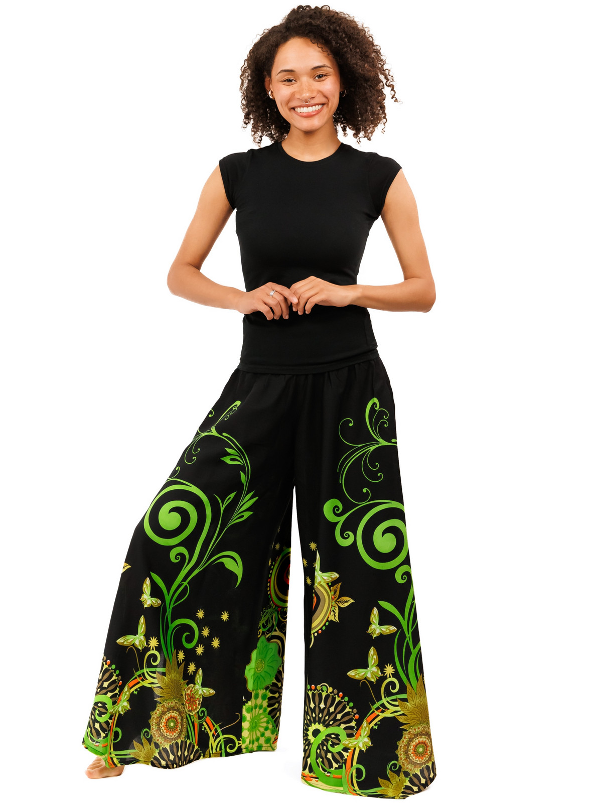 Himalife Široké kalhoty Suwa - černá s limetkou Velikost: XXL/3XL