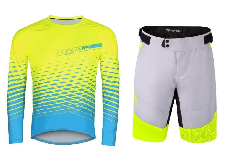Force MTB ANGLE fluo-modrý cyklodres - dl. rukáv + Force STORM šedo-fluo cyklokraťasy