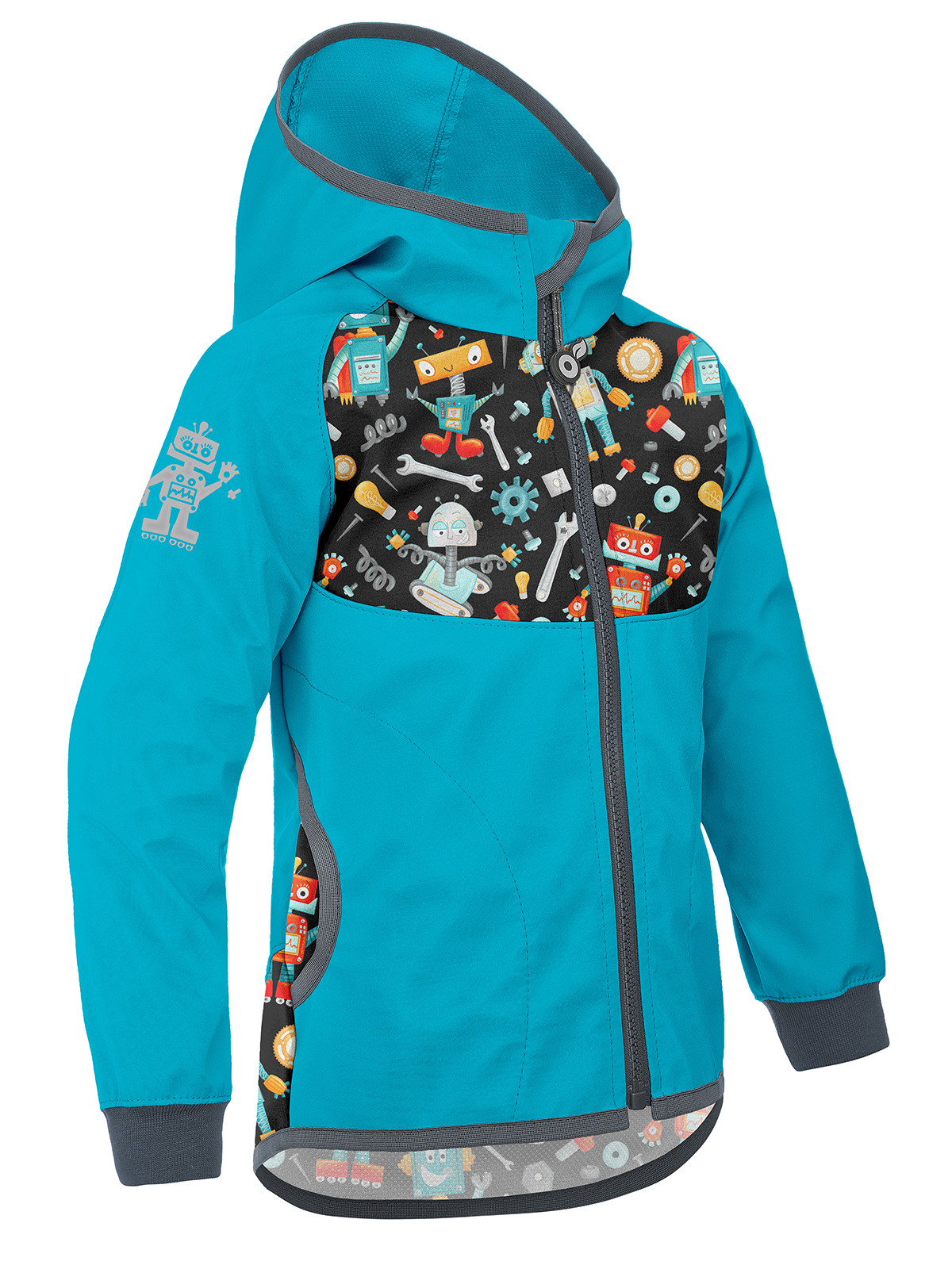 Unuo Unuo, Dětská softshellová bunda bez zateplení Basic, Smaragdová, Roboti Velikost: 128/134 8596227120536