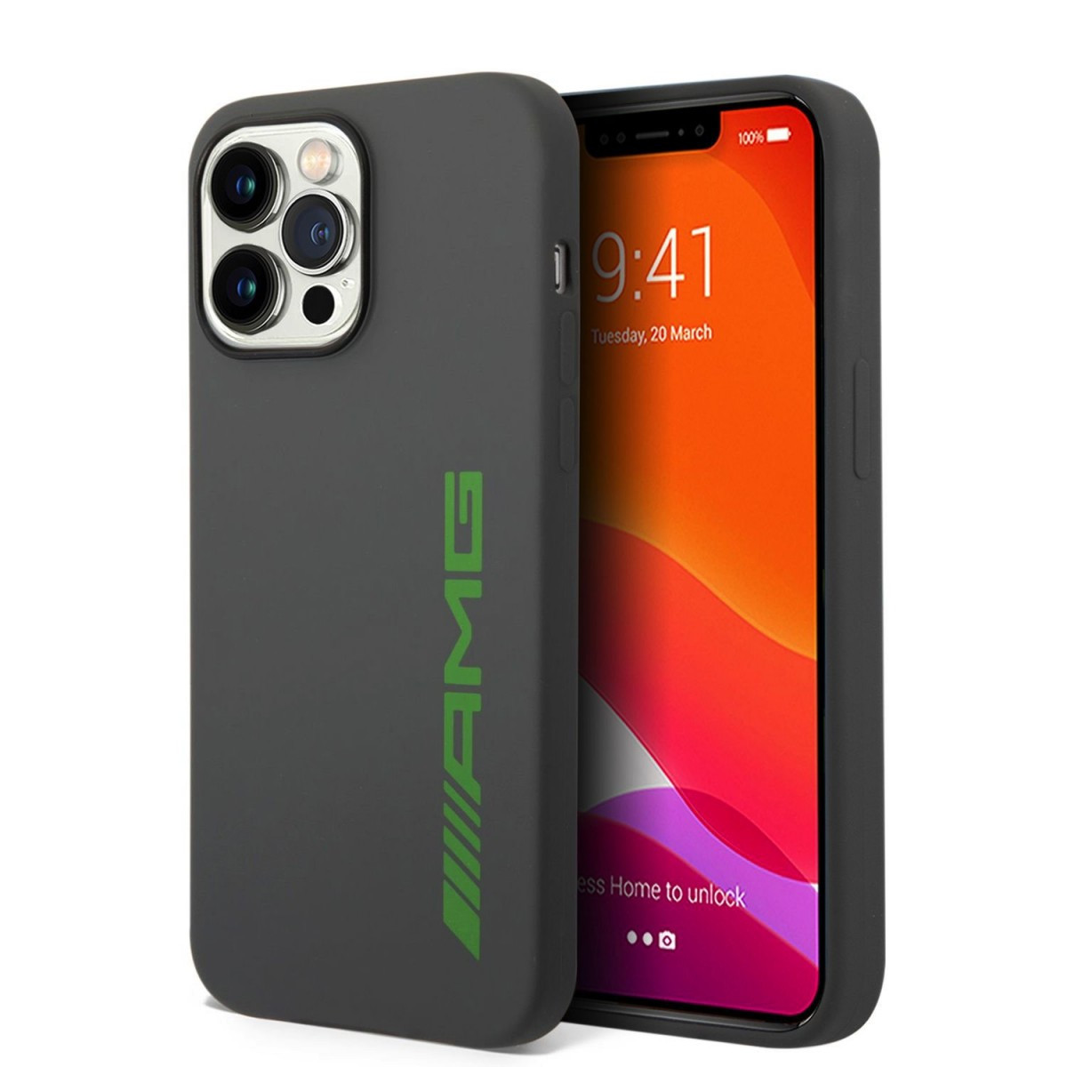 Zadní kryt AMG Liquid Silicone Green Logo pro iPhone 14 Pro Max Grey