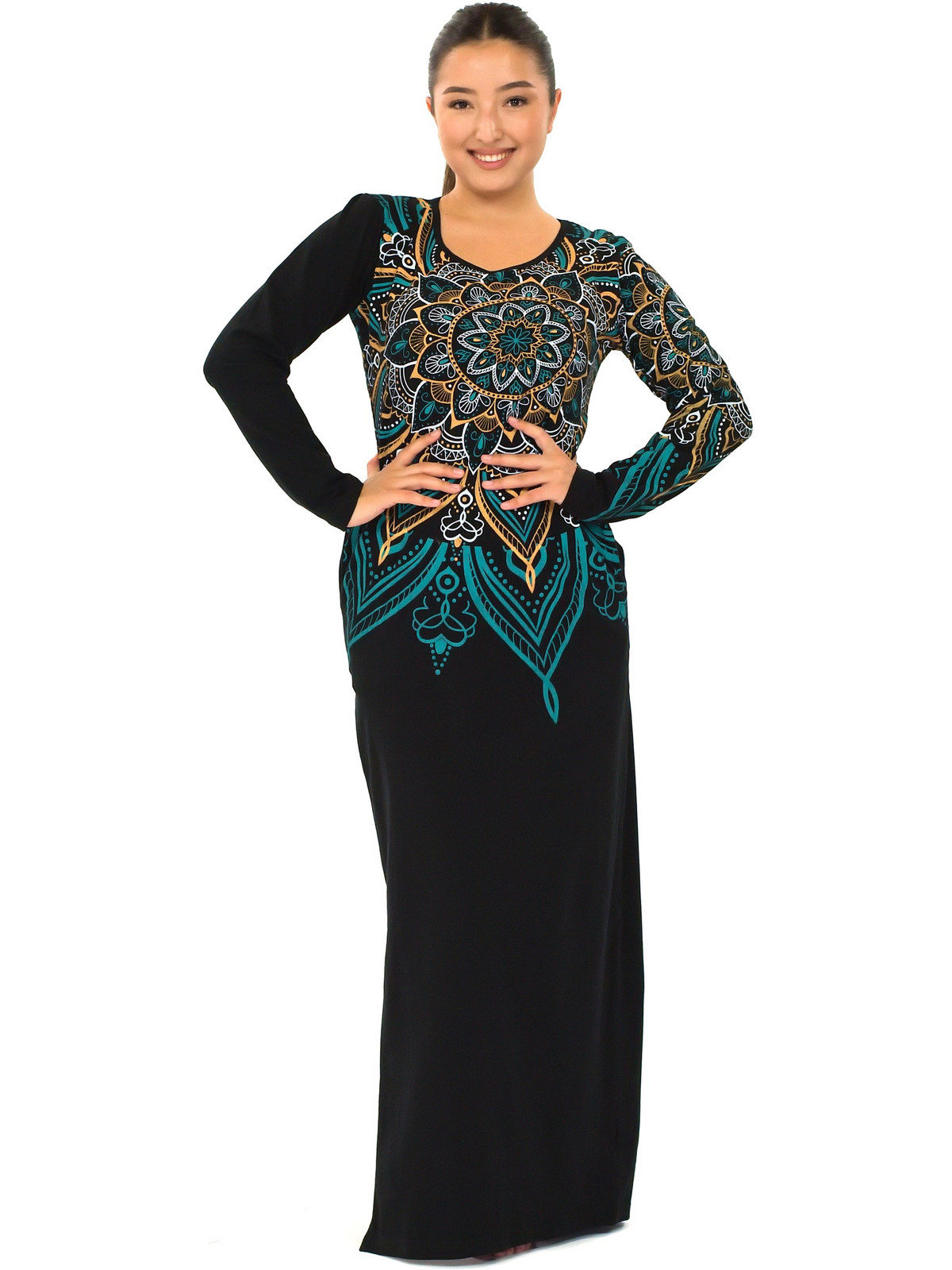 Himalife Dlouhé šaty s kapsami Nipa - černá s tyrkysovou a béžovou Velikost: S