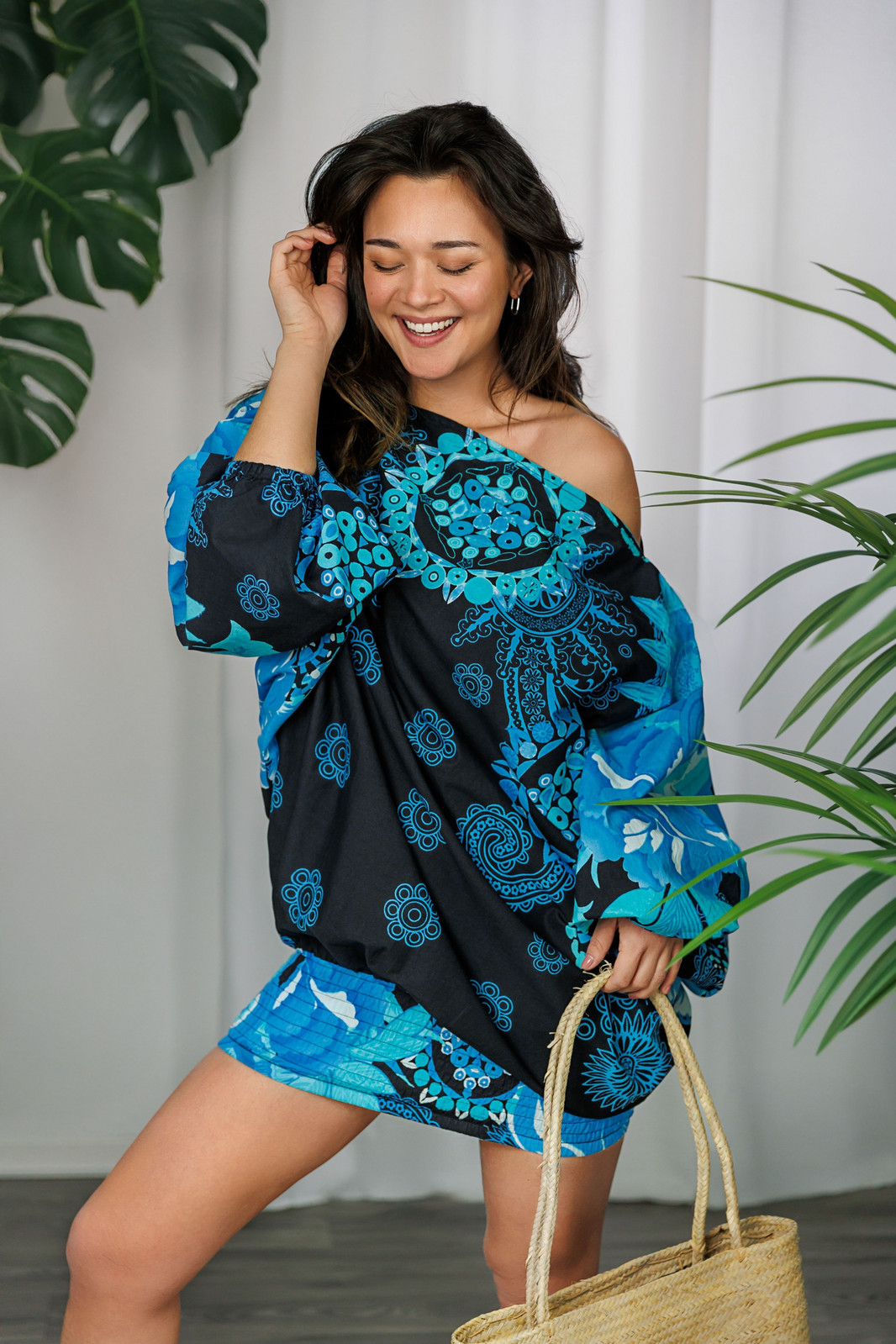 Himalife Kalhoty-šaty-top 3v1 Wailea - černé s tyrkysovou Velikost: S/M