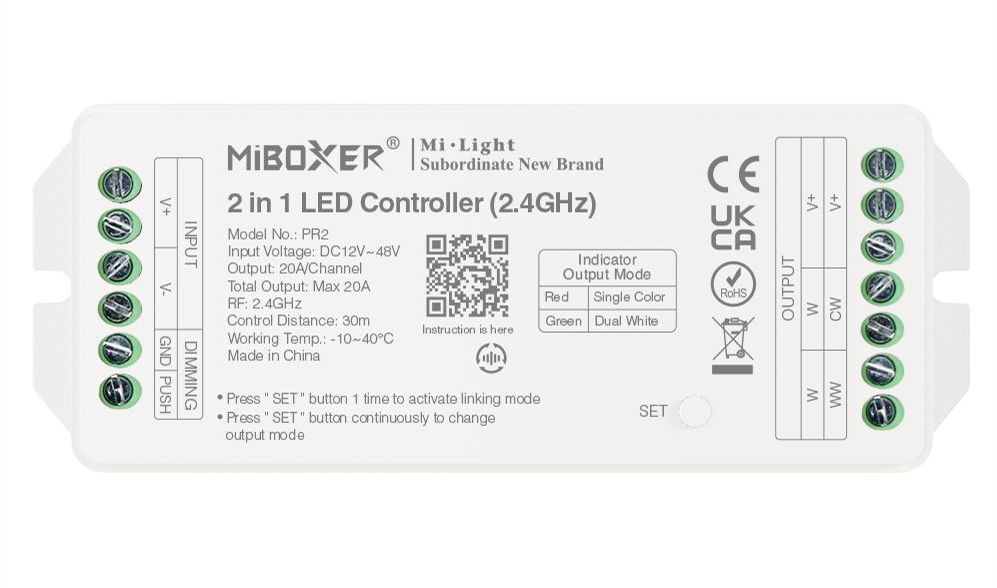 LED Solution Mi-Light MiBoxer RF Přijímač 20A 2v1 pro jednobarevné a CCT LED pásky PR2