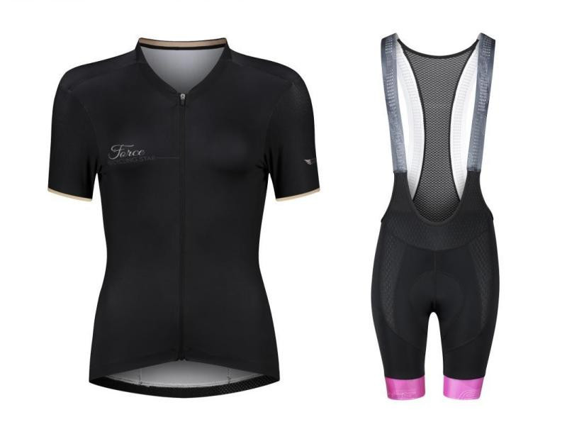 Force GOLD LADY černý cyklodres - kr. rukáv + Force STRIPE LADY černo-růžové cyklokalhoty