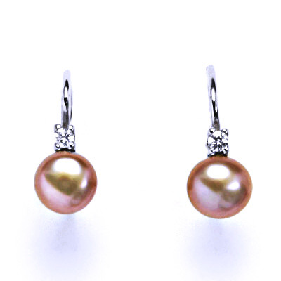 Náušnice stříbrné s přírodní růžovou perlou a čirým zirkonem, NK 1243 pp 6 mm