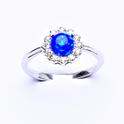 Stříbrný prsten, tmavě modrý syntetický opál, čiré zirkony, T 1495