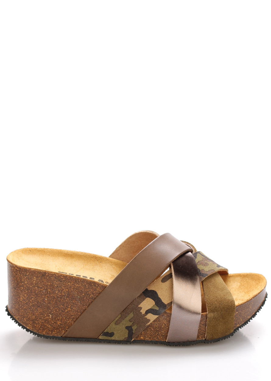 Hnědo zelené kožené pantofle na platformě EMMA Shoes Velikost: 37