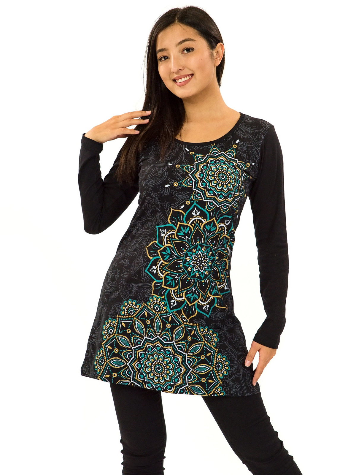 Himalife Šaty s dlouhým rukávem Taika - černá s tyrkysovou a žlutou Velikost: S