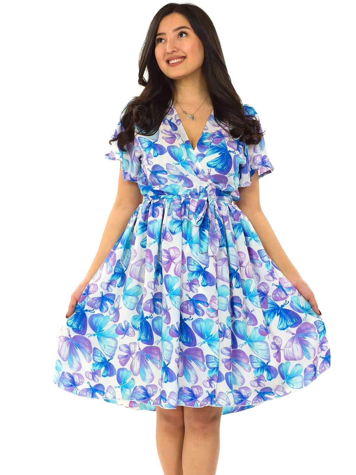 Himalife Zavinovací šaty s krátkým rukávem Butterfly - bílá s tyrkysovou Velikost: XXL/3XL