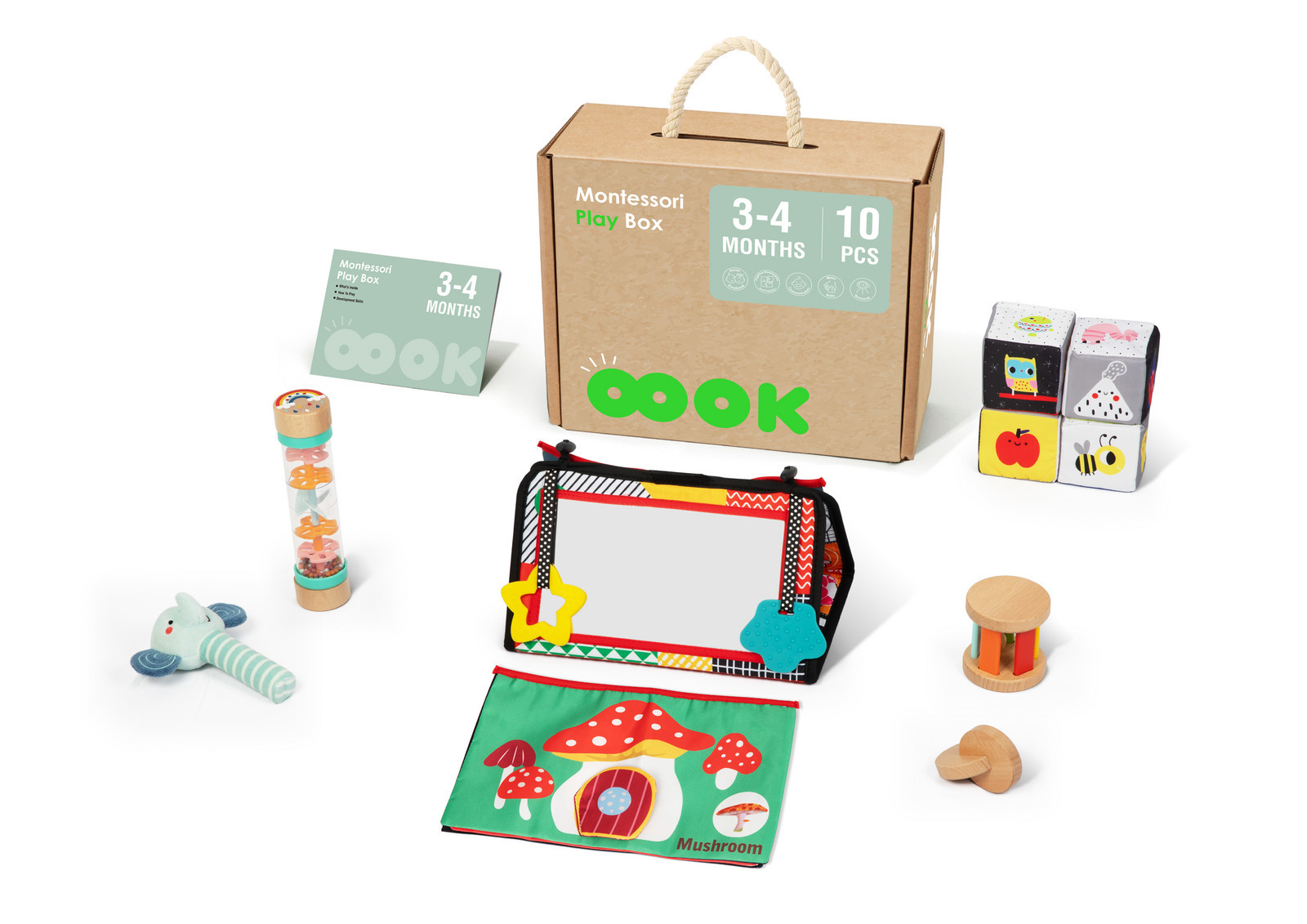 Mamido Mamido Montessori box XXL 10ks Hmatavé kostky Zrcadlo Hudební nástroje Senzorika 3-4 měsíce