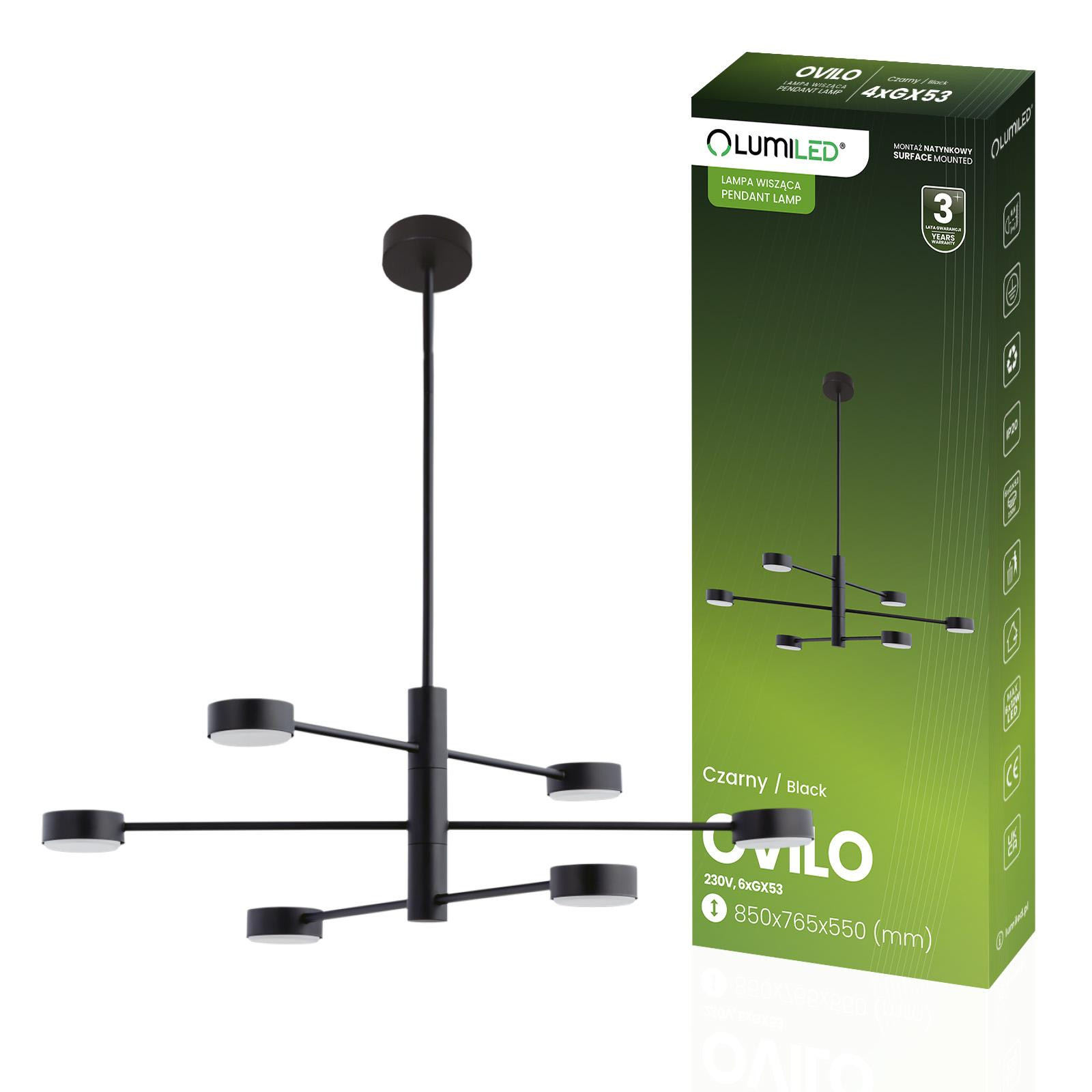 Svítidlo stropní Závěsné LED 6x GX53 nástěnný černá OVILO LUMILED