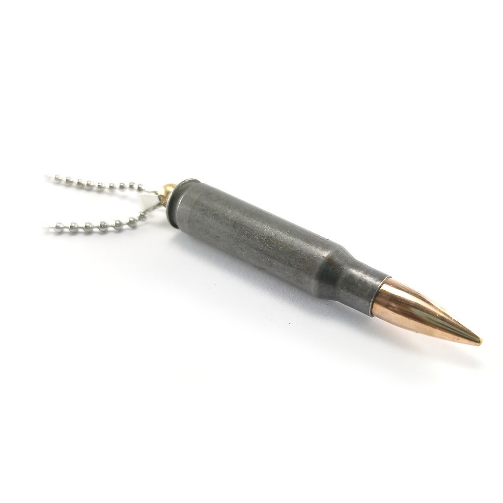 Náhrdelník s nábojem .308 Winchester a nerezovým řemínkem - šedý-zlatý