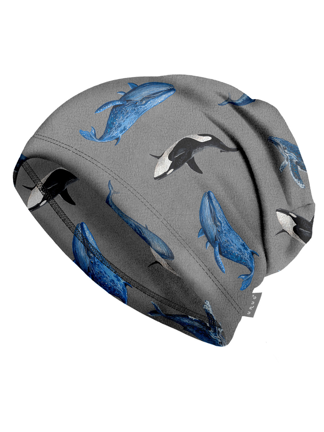 Unuo, Dětská čepice fleecová Homeless, Šedá, Velryby UO8596227140183 Velikost: M (49-52 cm) 8596227140183