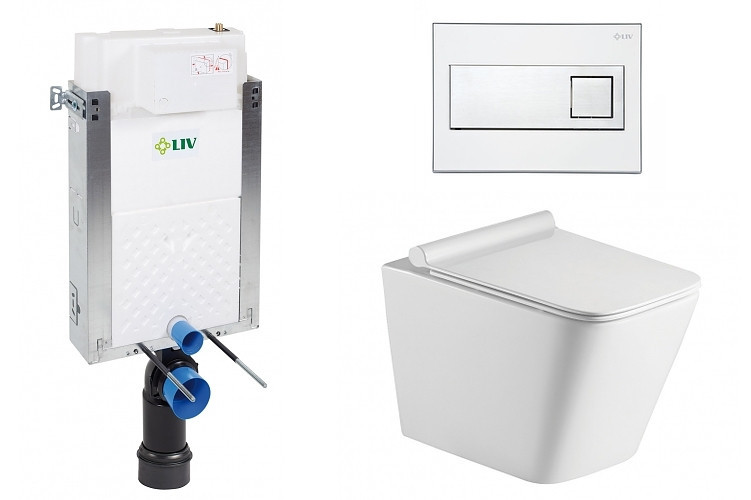 Liv-Fluidmaster Wc set Square Wall podmítková nádrž do zdiva, rimless mísa, sedátko a tlačítko bílé/chrom 73730 - SET(669931, 73730, OLKLT052E)