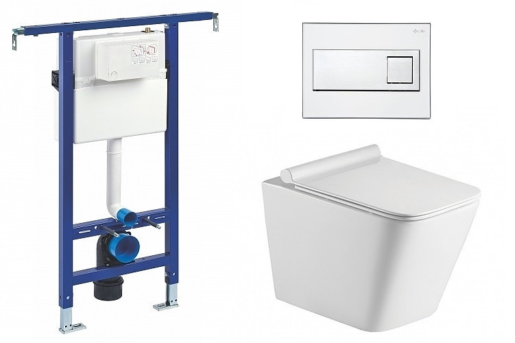 Liv-Fluidmaster Wc set Square Core podmítková nádrž do bytového jádra, rimless mísa, sedátko a tlačítko bílé/chrom 73730 - SET(222021, 73730, OLKLT052E)