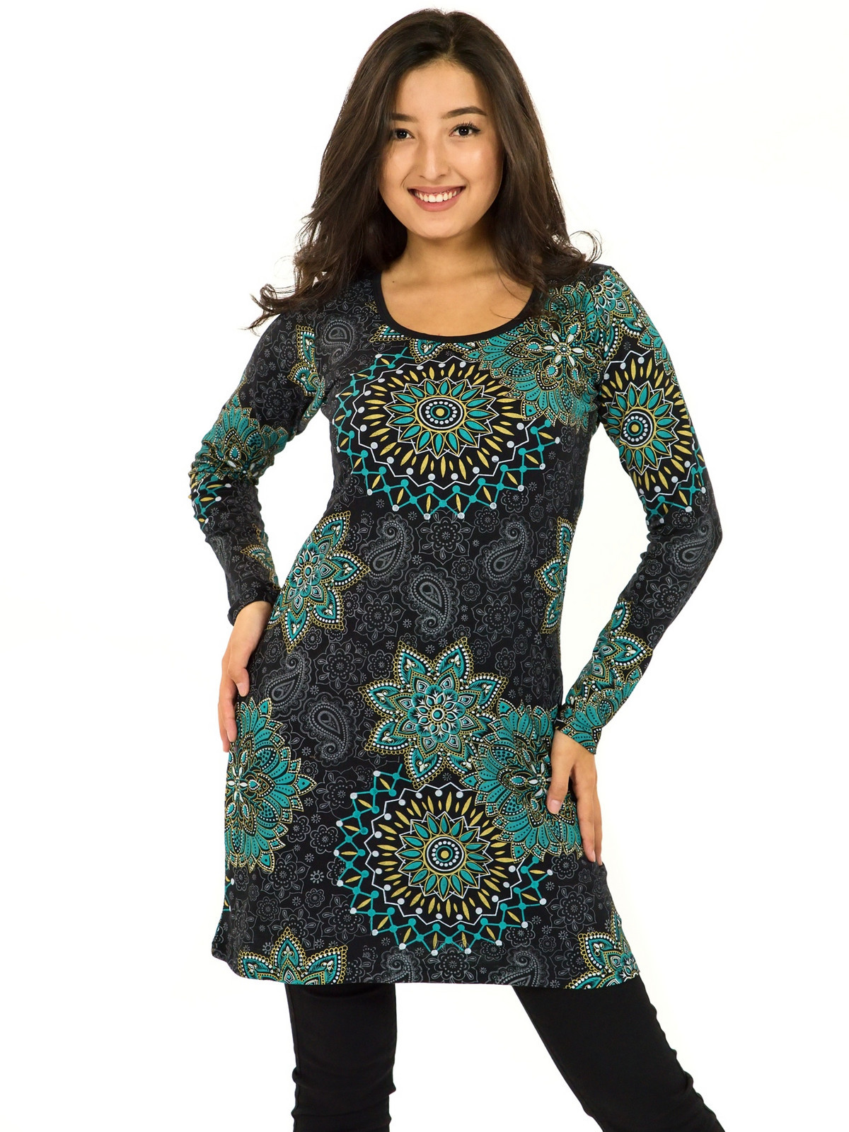 Himalife Šaty s dlouhým rukávem Sambora - černá s tyrkysovou a žlutou Velikost: XXL