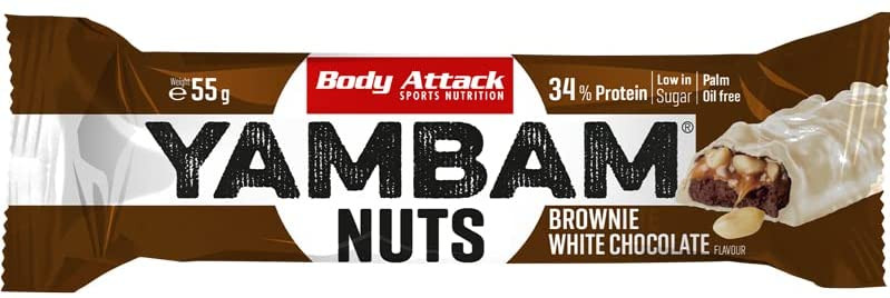 Body Attack Yambam Nuts 55 g, tyčinka s 34% bílkovin a velmi nízkým obsahem cukru Varianta: Peanut Butter Caramel
