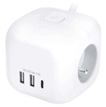 Solight PP145C 3z + USB A+C prodlužovací přívod - kostka, kabel 2m, 3 x 1mm2, bílý, vypínač