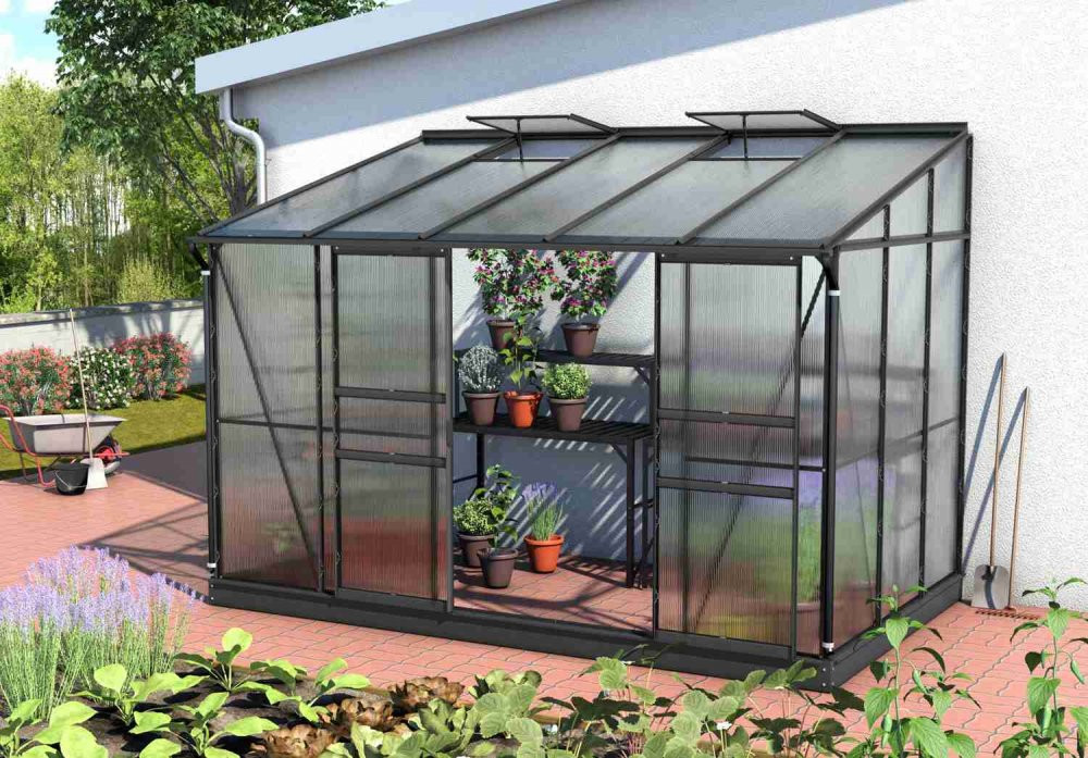 Skleník ke stěně VITAVIA IDA 6500 polykarbonát černý Dekorhome