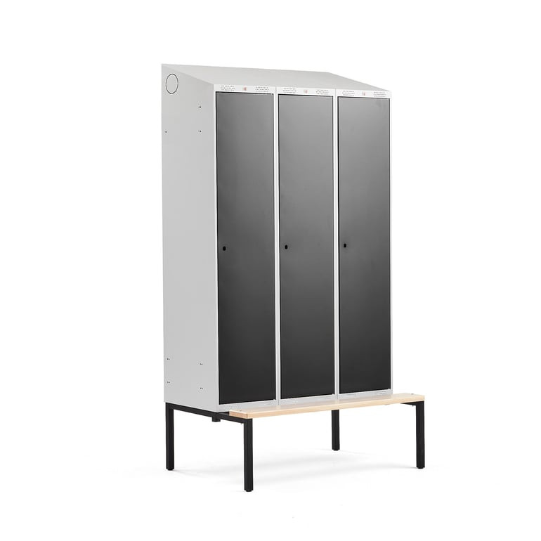 Šatní skříňka CLASSIC, šikmá střecha, s lavicí, 3 sekce, 2290x1200x550 mm, černé dveře