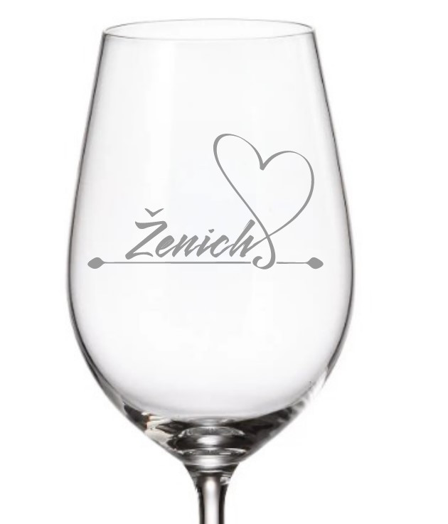 Dekorant svatby Sklenička na bílé víno pro ženicha SRDCE
