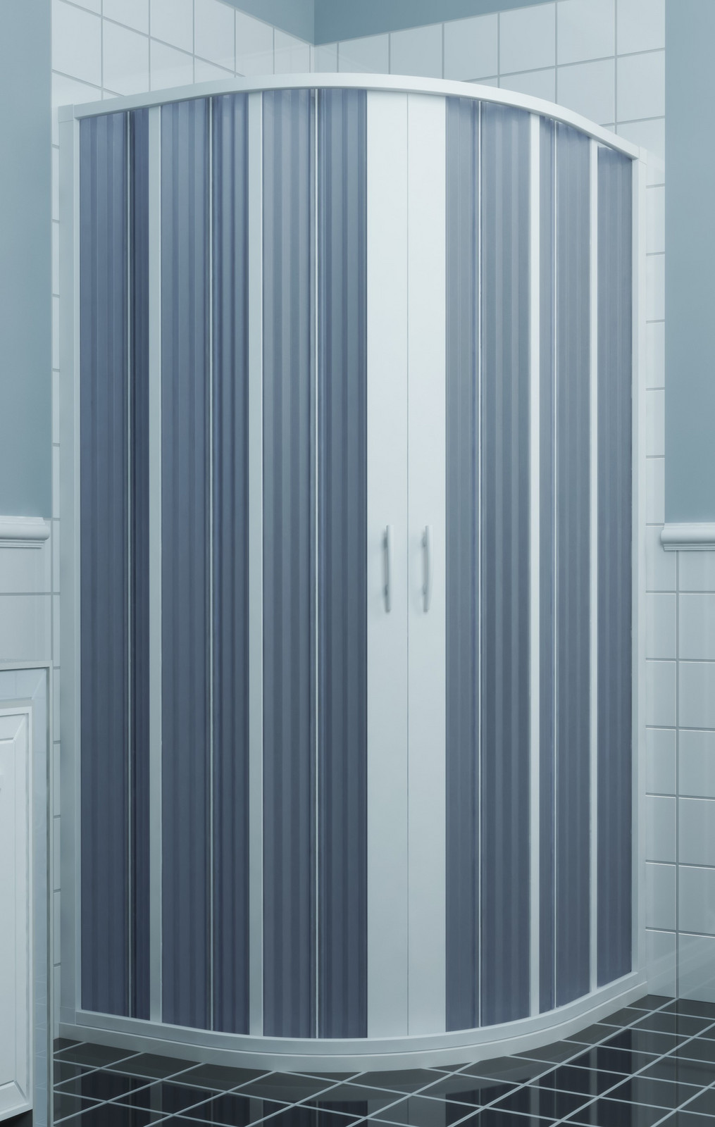 Forte Sprchová čtvrtkruhová zástěna 90 x 90 x185 cm, shrnovací dveře, vstup středem FLEX - LUNA NEW - ZÁSTĚNU LZE UPRAVOVAT, ZKRACOVAT NA POTŘEBNÝ ROZMĚR OD 70 DO 90 cm