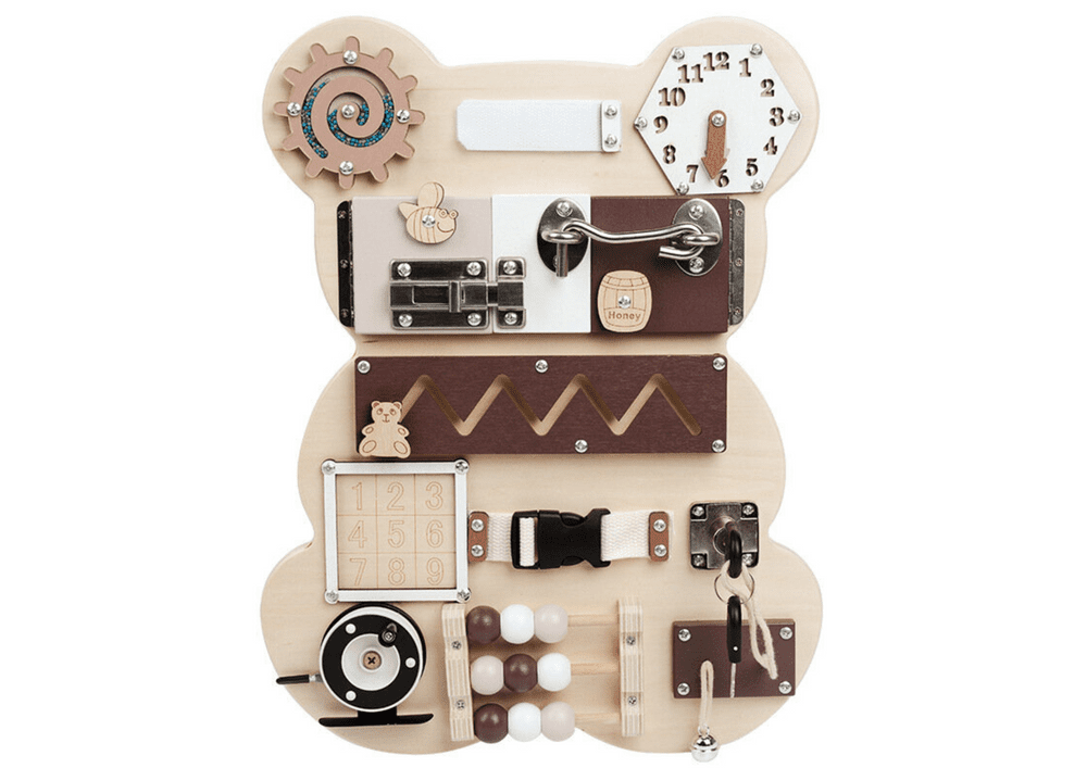 mamido Dřevěná senzorická manipulační tabule Medvídek 14 prvků