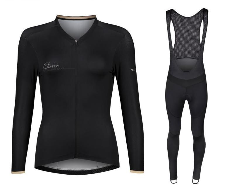 Force GOLD LADY černý cyklodres - dlouhý rukáv + Force BRIGHT LADY černé cyklokalhoty