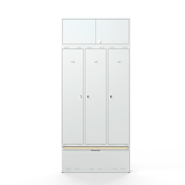 Šatní skříňka FORCE, 3 sekce, horní skříňka, zásuvka s lavicí, 2740x1200x550 mm, šedá