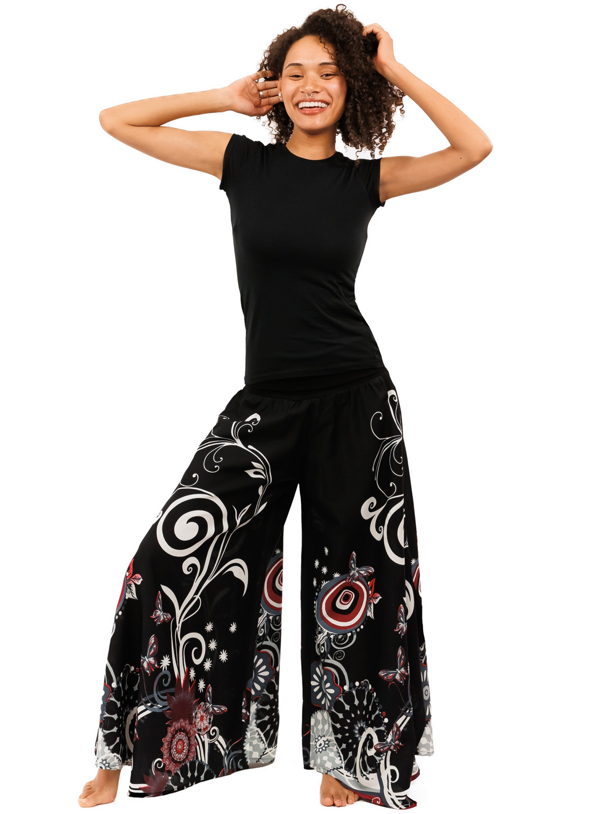 Himalife Široké kalhoty Suwa - černá s červenou Velikost: S/M